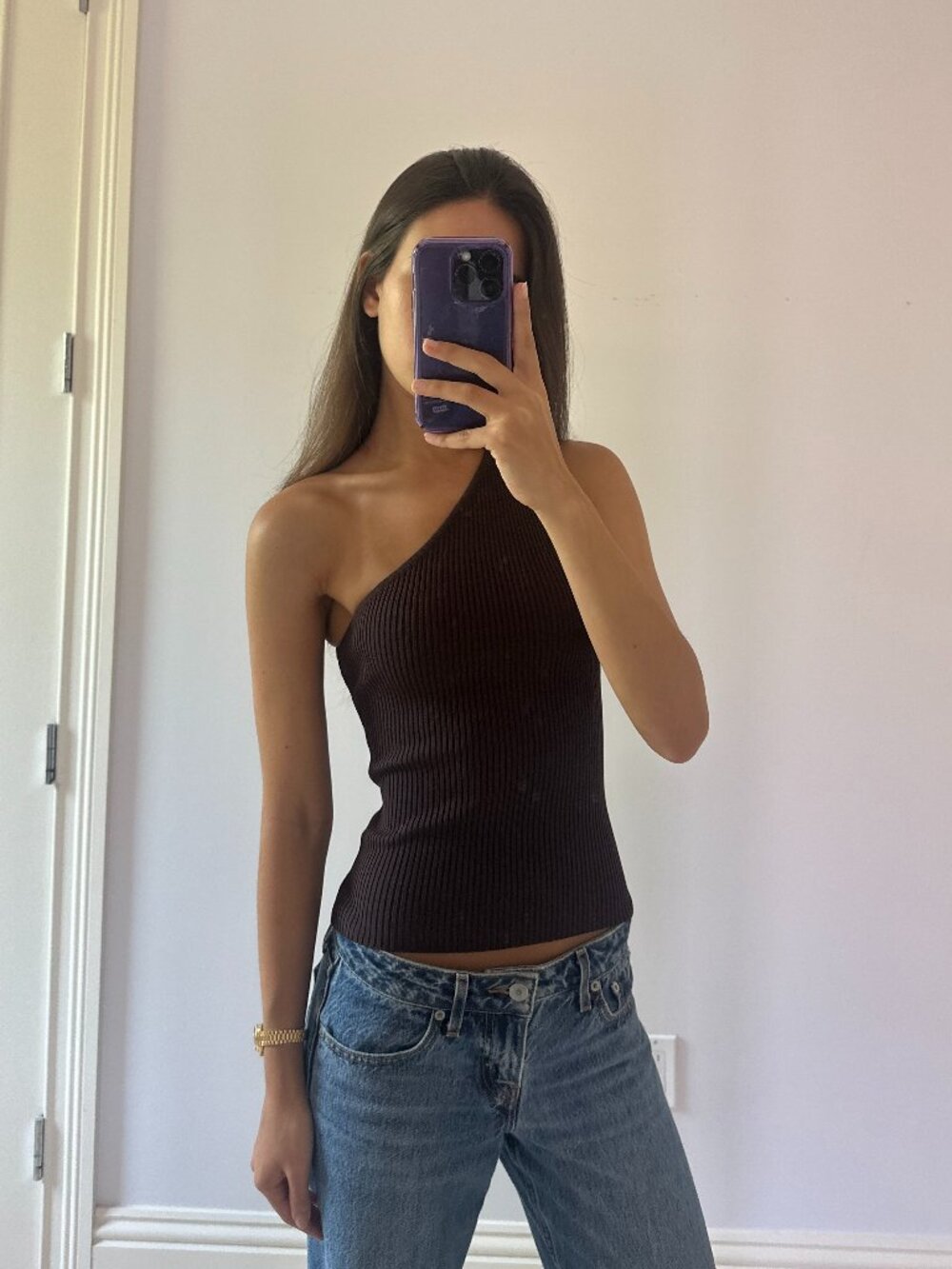 Aritzia Chocolate Brown One Shoulder Ribbed Top